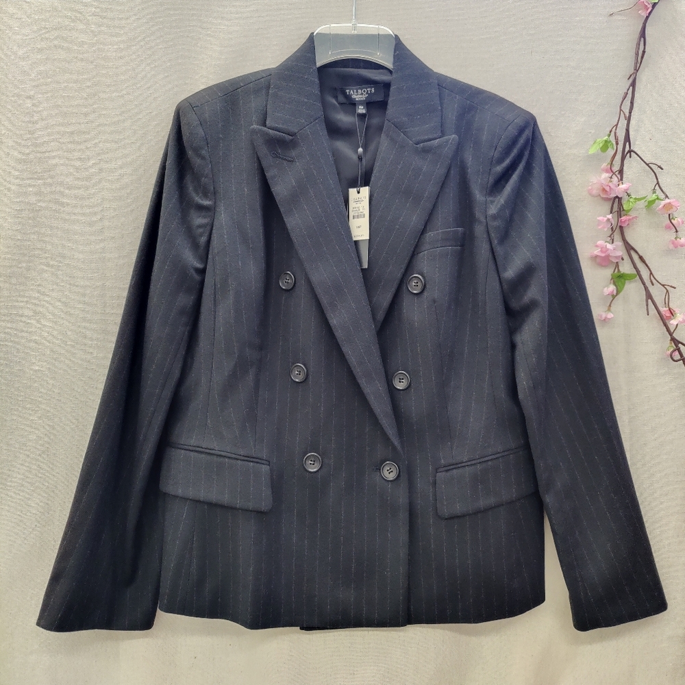NWT Talbot's Kate Fit Pin Strip Wool Double Breast Jacket, Size 16P